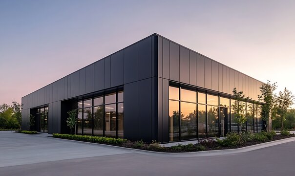 A low-rise commercial building featuring modern metal panels in an urban setting.
