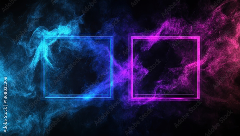 Poster vibrant colorful smoke background with dynamic blue and pink swirls presenting two empty rectangles 
