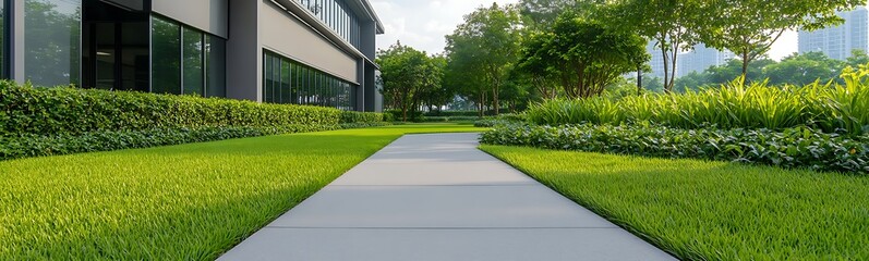 Fototapeta premium Corporate office building with low-rise design, surrounded by landscaped greenery.
