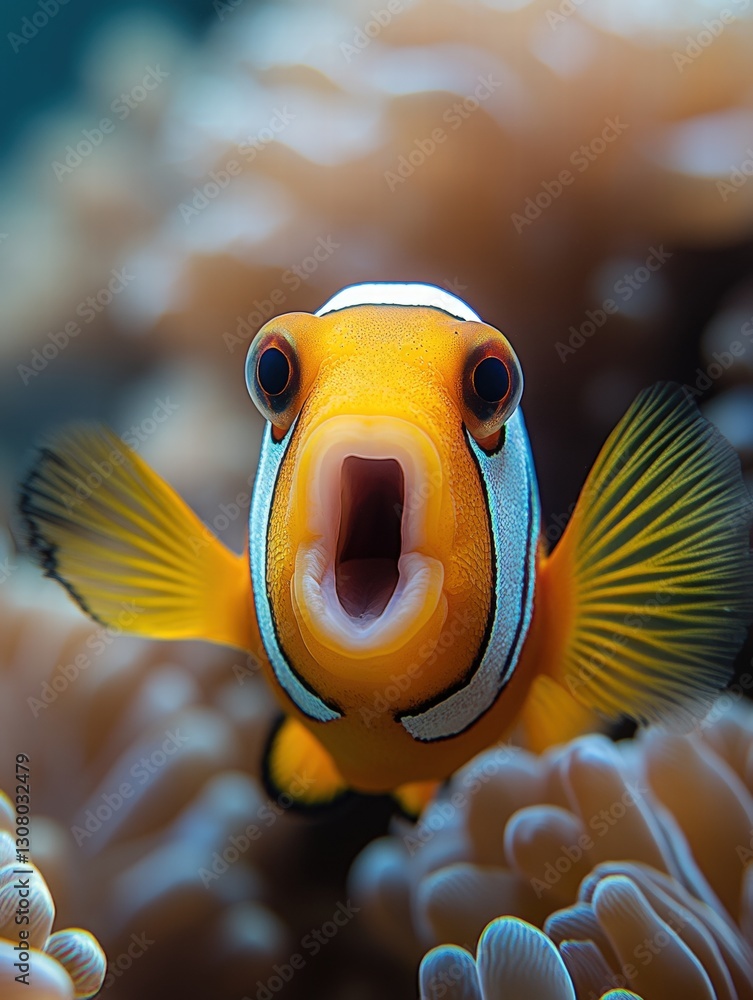Poster striking image of a colorful fish with its mouth open capturing an underwater moment in nature