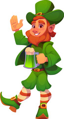 St Patrick day, Irish holiday leprechaun character with green ale beer pint, cartoon vector. Saint Patrick festival and Ireland national holiday traditional symbol of happy leprechaun with green ale