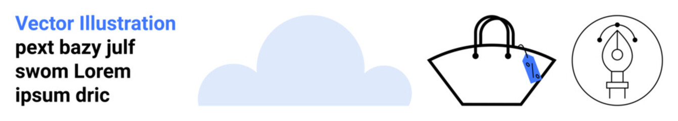 Minimalist handbag with dangling pen icon, abstract cloud backdrop, and clean lines. Ideal for branding, creativity, design, stationery, fashion, web design flat landing page banner
