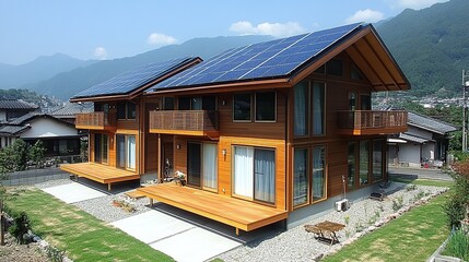 Two modern wooden houses with solar panels on a sunny hillside