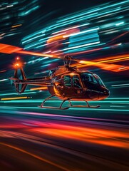 Naklejka premium High-Speed Helicopter Flight Depicted with Streaking Lights and Futuristic Aesthetic