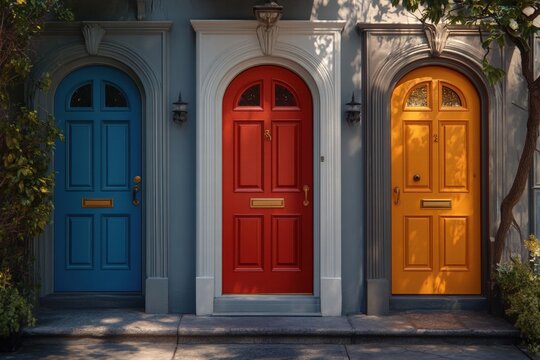 Vibrant red door paired with two striking blue doors creating a bold architectural statement