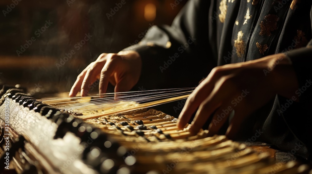Poster a person playing an instrument with strings and hammers