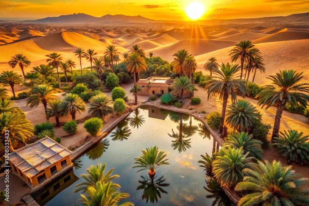 Poster boho tech wallpaper: drone view of desert oasis with geometric patterns