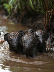 Fototapeta premium Three majestic elephants wading through a shimmering river surrounded by lush greenery and nature