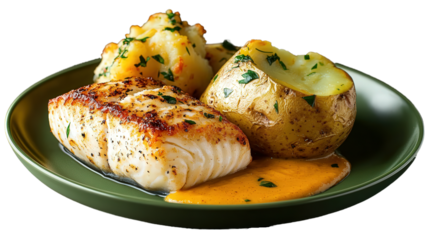 halibut with potatoes and sauce on a plate, isolated, transparent, png, background, cutout