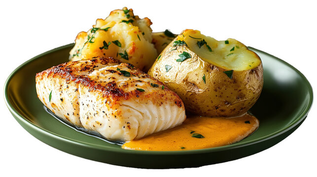 halibut with potatoes and sauce on a plate, isolated, transparent, png, background, cutout
