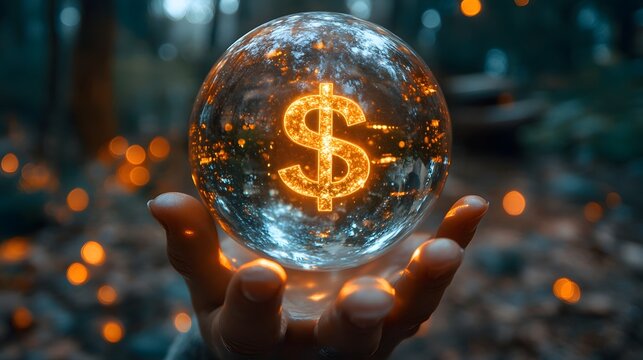 A hand holds a crystal ball showing a glowing dollar sign, symbolizing financial prediction and the future of money. Money concept theme background. The Future of Finance