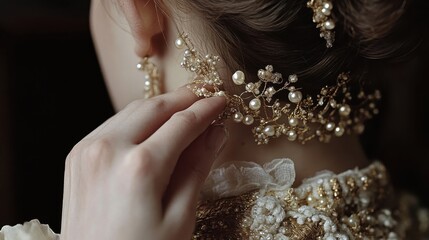A woman is adjusting elegant golden pearl earrings carefully