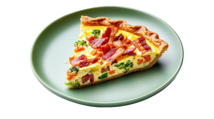 bacon and vegetables quiche on a plate, isolated, transparent, png, background, cutout