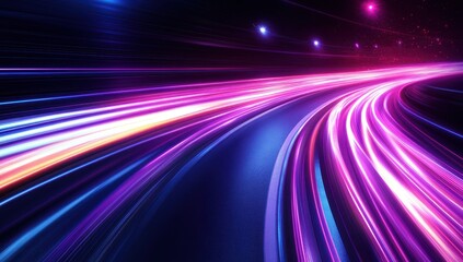 Vibrant Light Trails in Motion Through a Dark Pathway with Colorful Glow from Speeding Vehicles and Bright Neon Lights