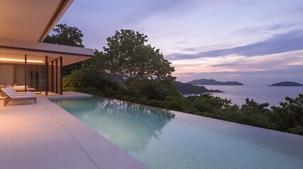 Fototapeta premium Luxury beachfront resort featuring an infinity pool, perfect for relaxation and vacation imagery.