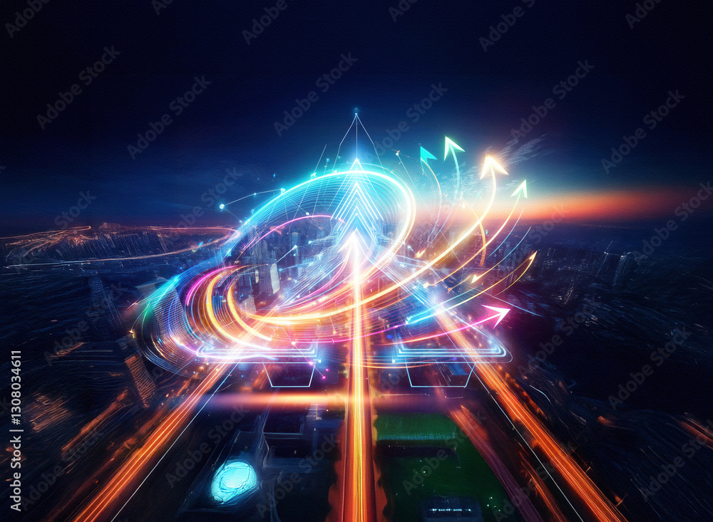 Aufkleber double exposure of abstract glowing arrows and light trails create a dynamic flow, suggesting moveme