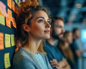 A Scrum team in a daily standup meeting, discussing project progress, Agile project management, Collaborative and agile