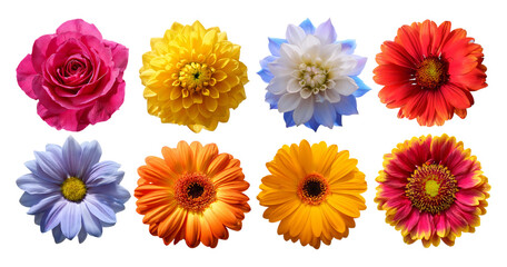 Colorful Collection of Various Flower Blooms Against Black Background, isolated on transparent background