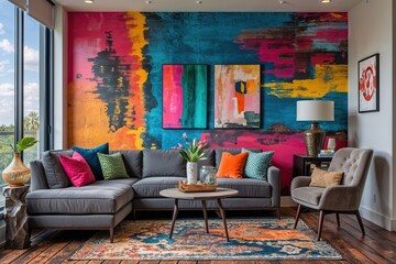 Eclectic Living Room Ideas with Colorful Accent Wall Rustic Flooring and Comfortable Grey Sofa in Modern Condo