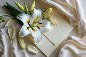 Elegant Unfilled Greeting Card with Lily Petals and Cotton Fabric on Cream Background