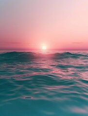 Naklejka premium Tranquil ocean view, Waves under a soft pink and golden sunset glow