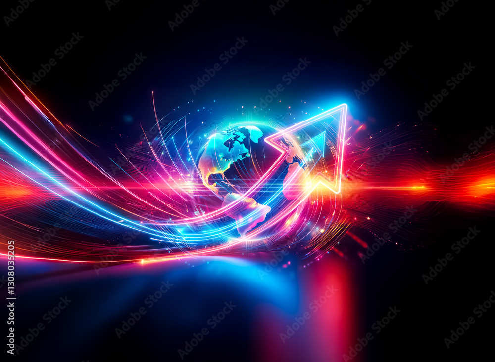 Poster vibrant double exposure image of a globe encircled by dynamic red and blue light trails shaped like 
