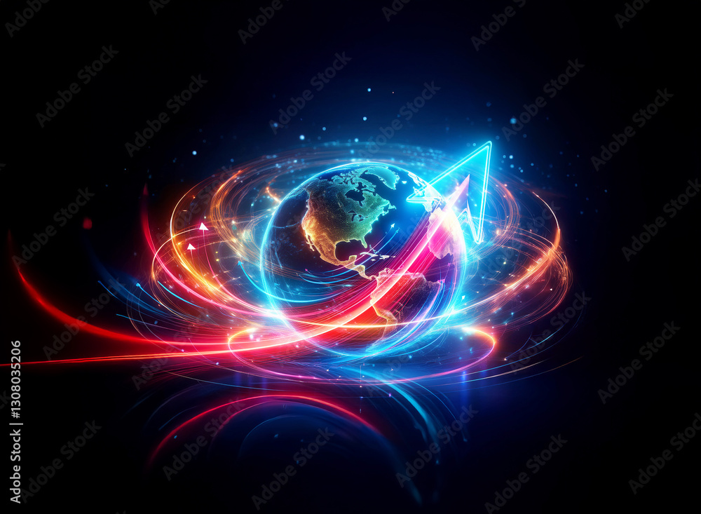 Poster vibrant globe with red and blue neon light trails creates a dynamic swirl in a double exposure effec