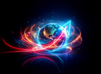 Obraz premium Vibrant globe with red and blue neon light trails creates a dynamic swirl in a double exposure effect against a dark backdrop.