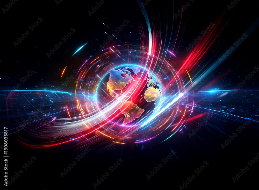 Poster double exposure of a globe encircled by vibrant light streaks. abstract and dynamic representation o