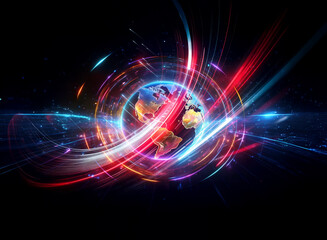 Fototapeta premium Double exposure of a globe encircled by vibrant light streaks. Abstract and dynamic representation of global connectivity and futuristic technology.