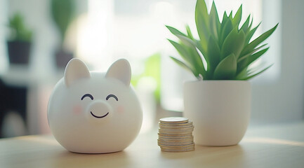 Saving Money for the Future with a Piggy Bank and Stack of Coins