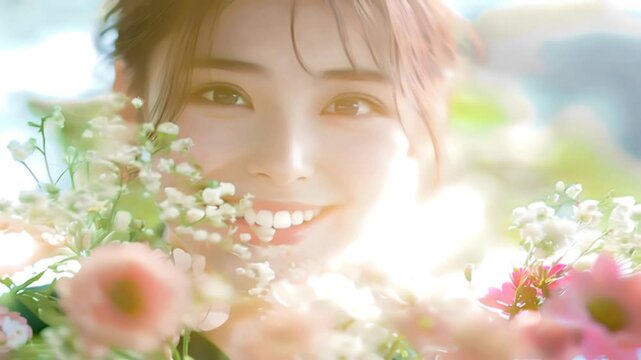 美しい花束を持った若いアジア人女性の笑顔のクローズアップ
