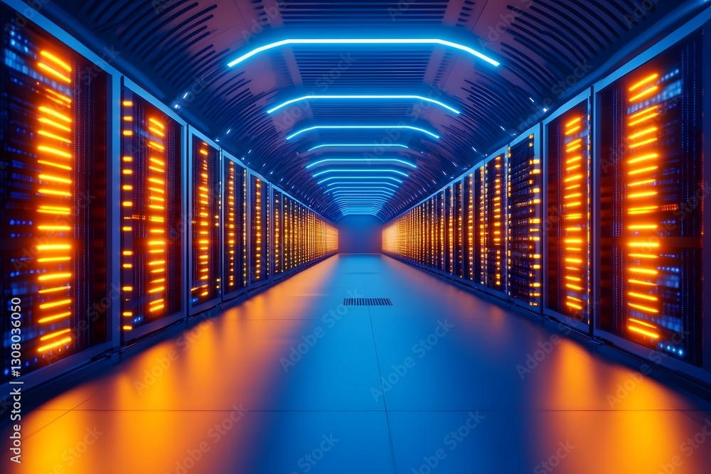 Aufkleber futuristic data center with glowing server racks and dynamic lighting displays