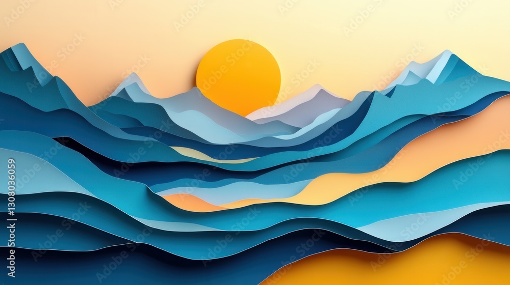 Poster vibrant layered paper art landscape showcasing rolling waves and mountains at sunset with warm color