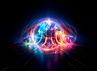 Obraz premium Vibrant double exposure of luminous arrows rising upwards, swirling in a circular motion against a dark backdrop, radiating energy and motion.