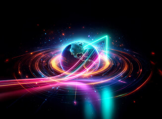 Obraz premium Vibrant double exposure of a glowing globe surrounded by light trails and a neon triangle against a dark background, creating a futuristic, dynamic effect.