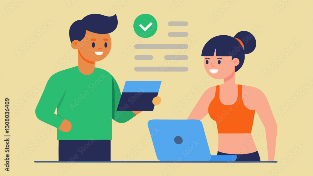 Poster postworkout analysis a fitness instructor reviews workout results with a client on a laptop highligh