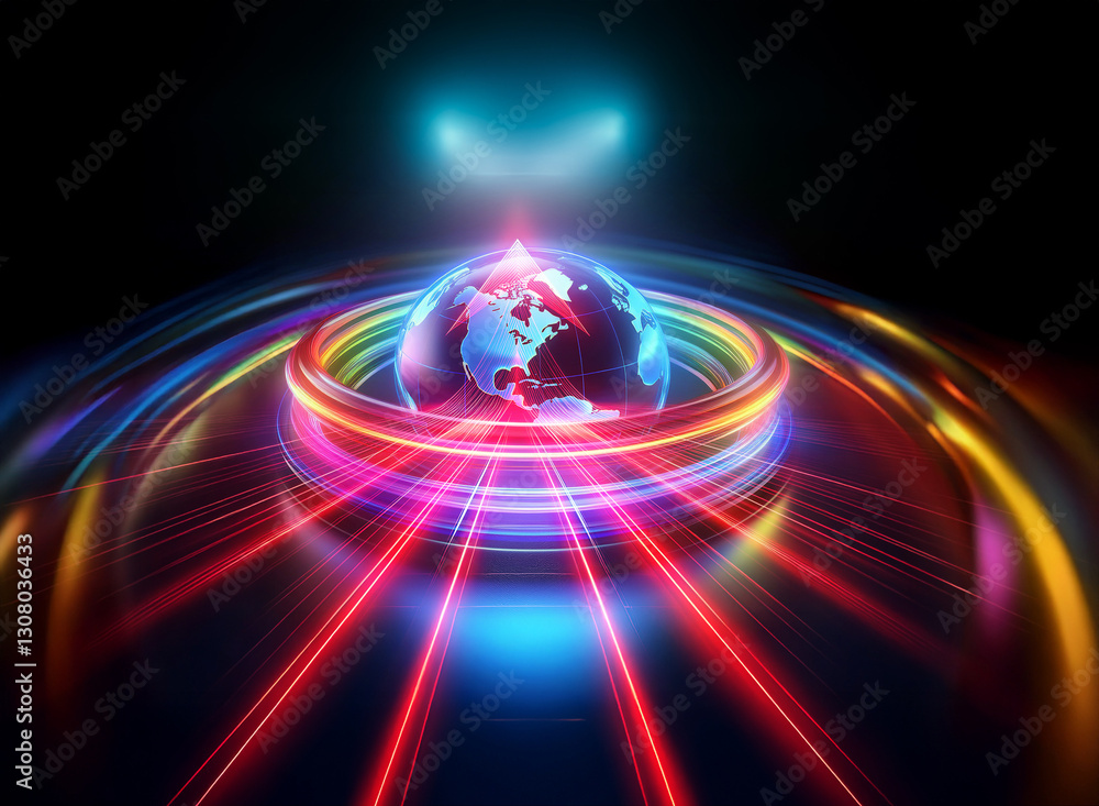 Poster a double exposure image features a glowing globe encircled by vibrant, blurred light trails on a dar