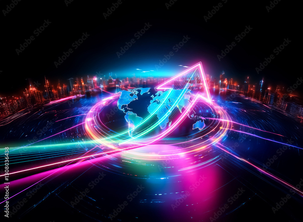 Poster neon world map with glowing lines and arrow in double exposure style against dark backdrop.