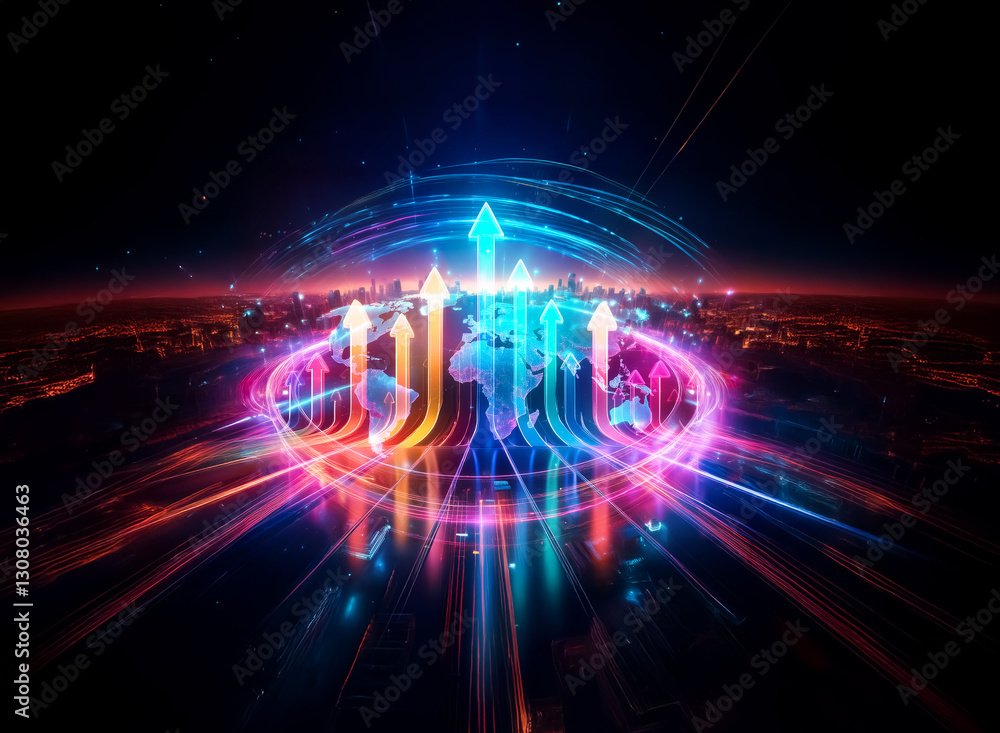 Poster abstract double exposure of glowing arrows emanating from a world globe. dynamic light trails and vi