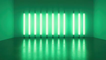 Fototapeta premium Vibrant Neon Green Lighting in Modern Indoor Space with Reflections on Floor and Minimalist Wall Design for Artistic and Creative Backgrounds