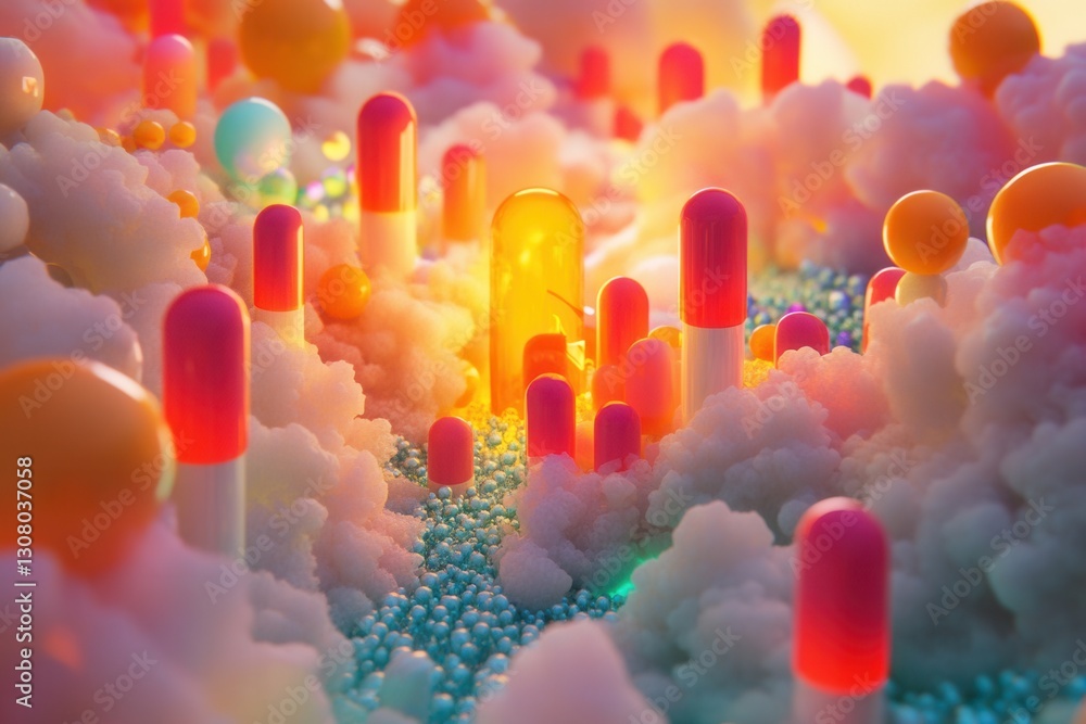 Poster Surreal landscape of vibrant pill structures illuminated in dreamlike lighting with fantasy realism elements Generative AI