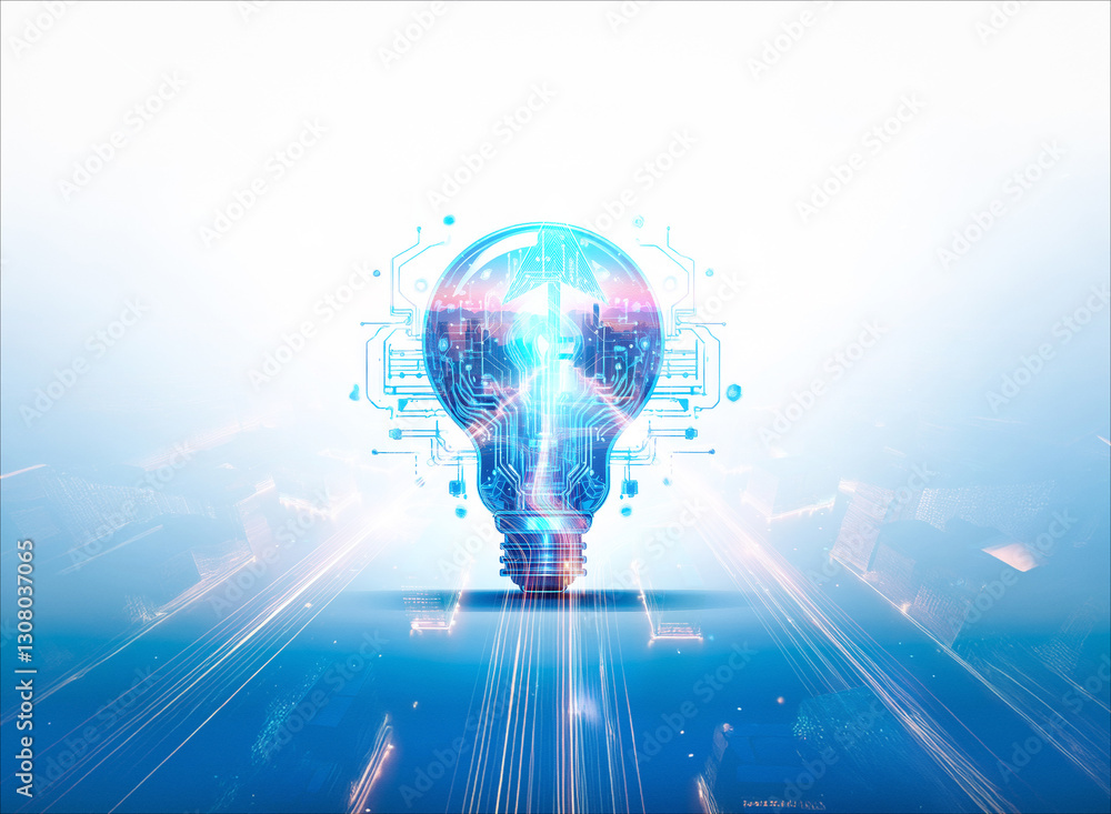 Poster futuristic double exposure art featuring a light bulb filled with circuit patterns, representing inn