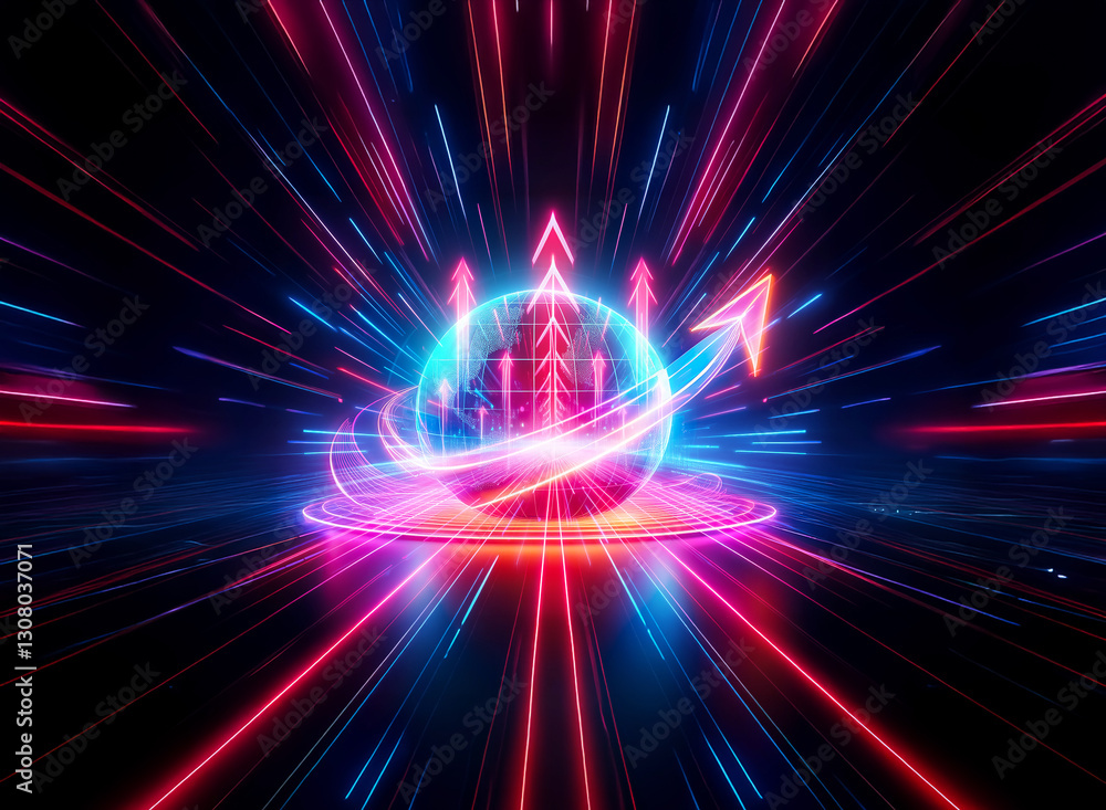 Poster abstract double exposure art with glowing arrows emanating from a sphere in blue and pink hues, crea