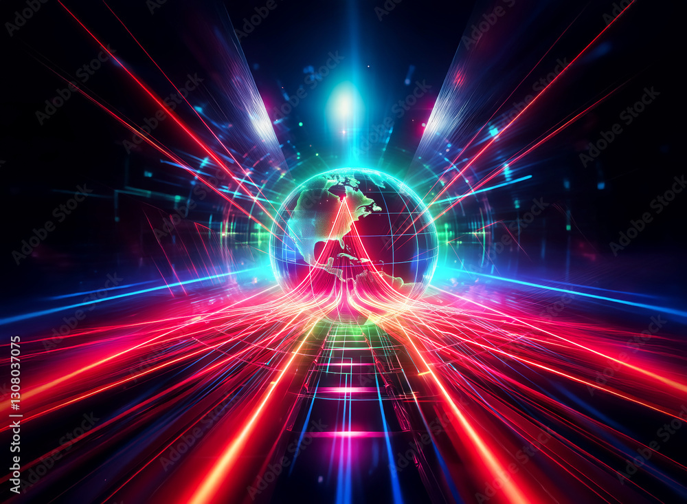 Poster double exposure image featuring a glowing globe emitting radiant red and blue light rays, creating a