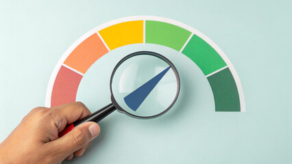 Business Risk Gauge with Low to High Indicator. A hand holding magnifying glass over a risk gauge, showing a scale from low to high, symbolizing the concept of business risk assessment and management