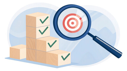Business Strategy Planning and Quality Management Concept. Magnifying glass focuses on target icon and blocks with check marks. business goal setting, strategy planning, quality management processes