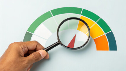 Business Risk Gauge with Low to High Indicator. A hand holding magnifying glass over a risk gauge, showing a scale from low to high, symbolizing the concept of business risk assessment and management