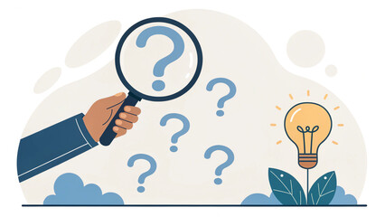 Idea discovery and inquiry concept. Hand holding a magnifying glass over question marks with light bulb, symbolizing idea discovery. Problem solving, Creative thinking, Company find business solution