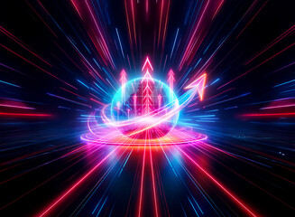 Abstract double exposure art with glowing arrows emanating from a sphere in blue and pink hues, creating a dynamic and futuristic vibe.